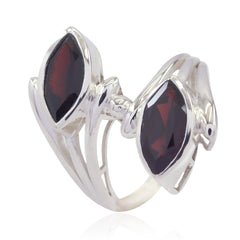 Emma contemporary red gemstone ring featuring two marquise red stones set in silver band