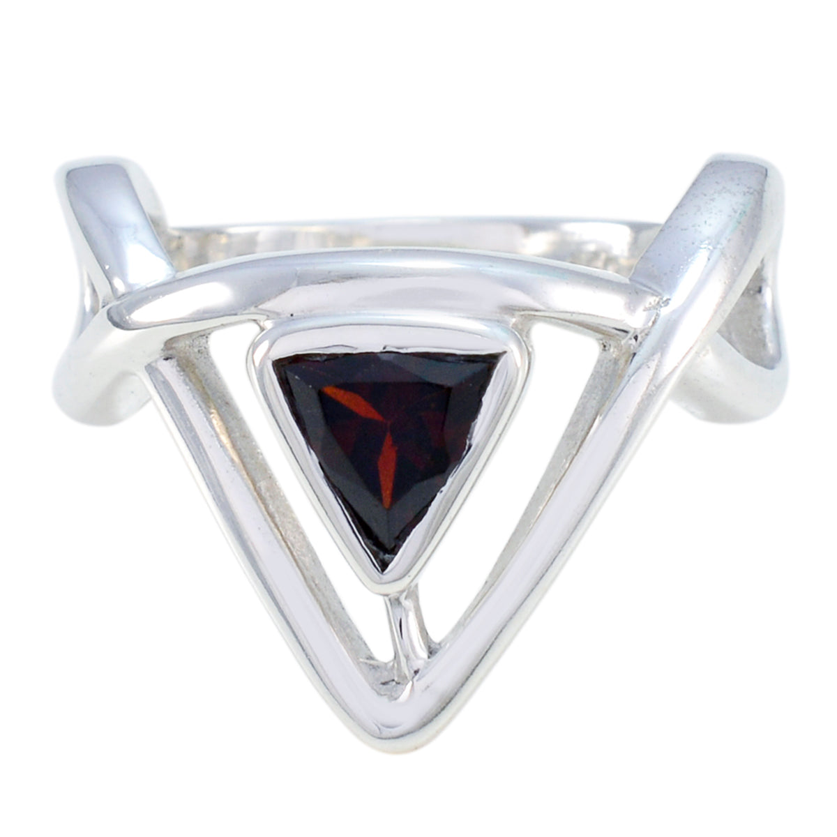 Maria geometric red solitaire ring with a triangular red gemstone set in silver band