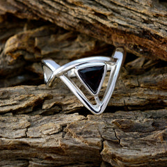 Maria geometric red solitaire ring with silver triangular design and deep red gemstone