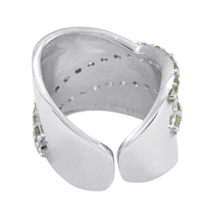 Close-up of silver adjustable green gemstone art deco ring by Angel with intricate detailing