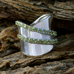 Angel green gemstone art deco ring with two rows of small green stones on silver band