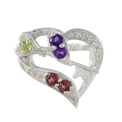Ida multicolor gemstone heart ring with purple, red, and green stones set in silver
