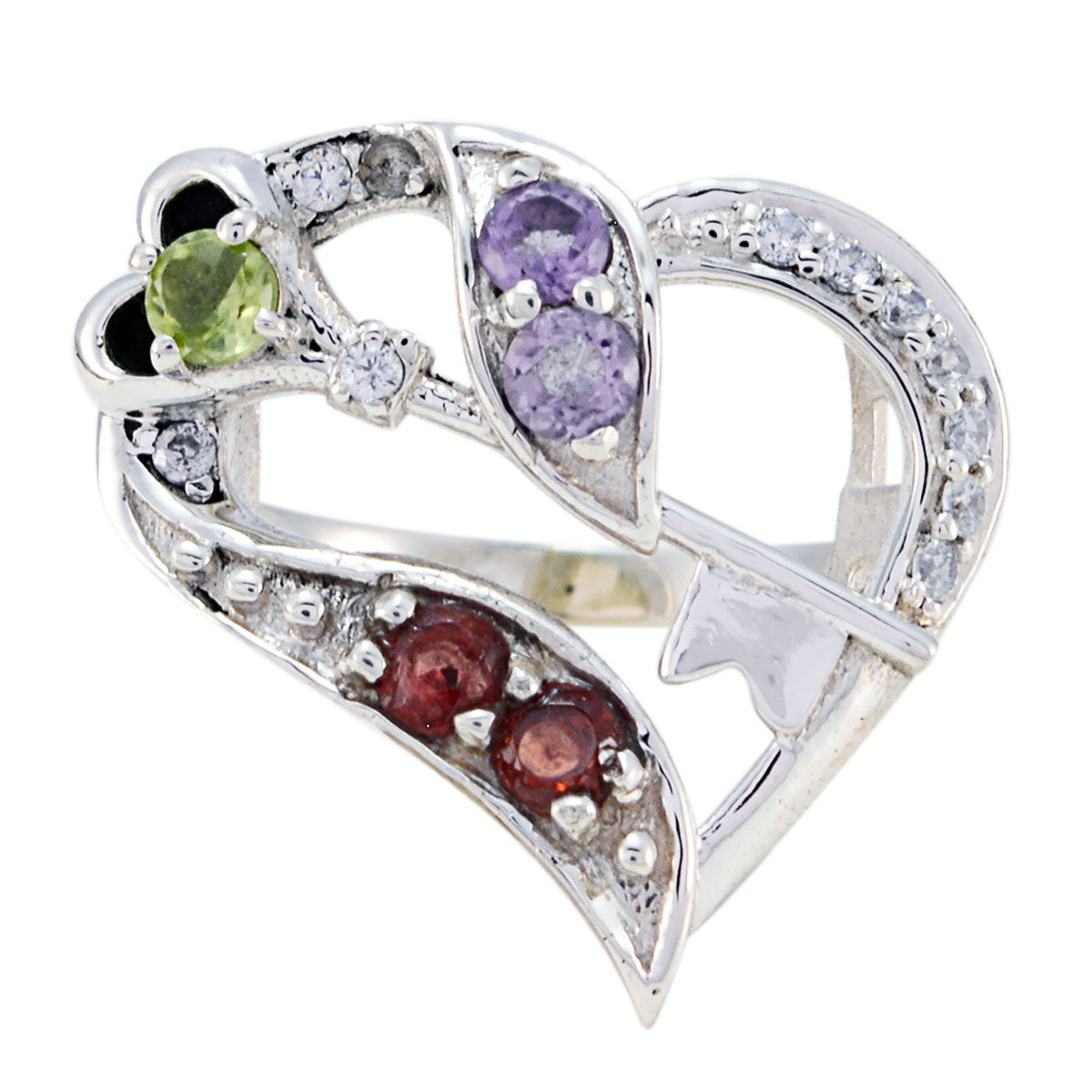 Ida multicolor gemstone heart ring with green, purple, and red stones in silver setting