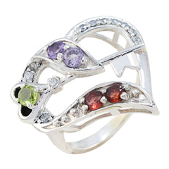 Ida multicolor gemstone heart ring with silver band and an arrow design