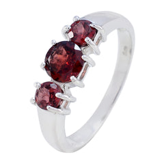 Hua elegant red gemstone trilogy ring with three round red stones set on a silver band