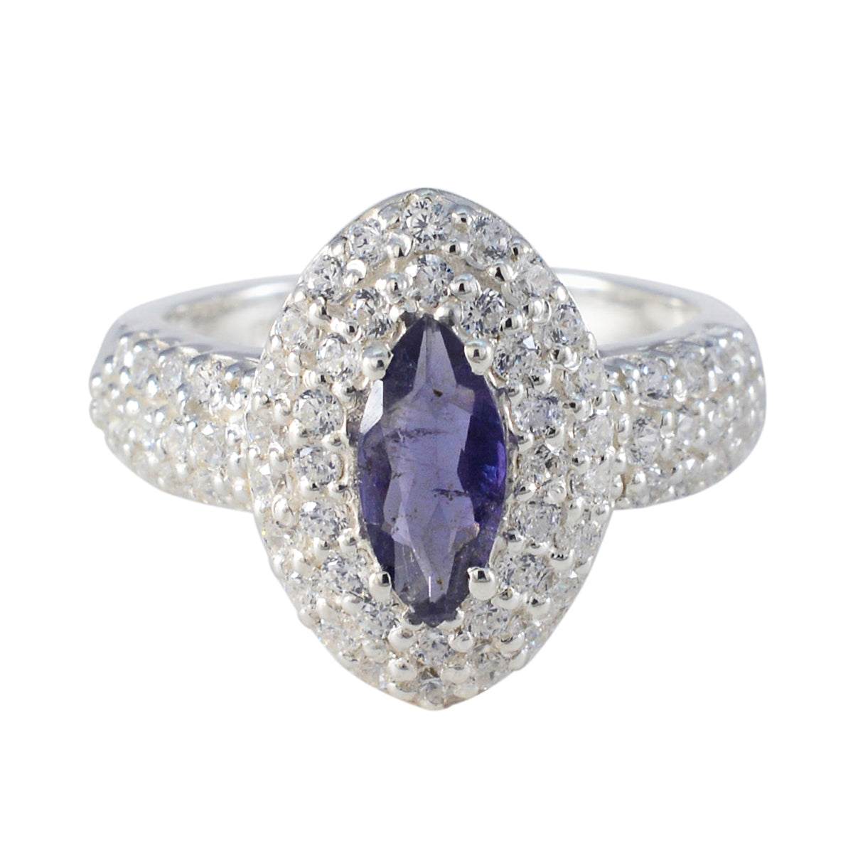 Julieta trendy blue halo ring with marquise blue center stone surrounded by sparkling white crystals