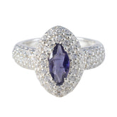 Julieta trendy blue halo ring with marquise blue center stone surrounded by sparkling white crystals
