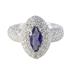 Julieta trendy blue halo ring with marquise blue center stone surrounded by sparkling white crystals