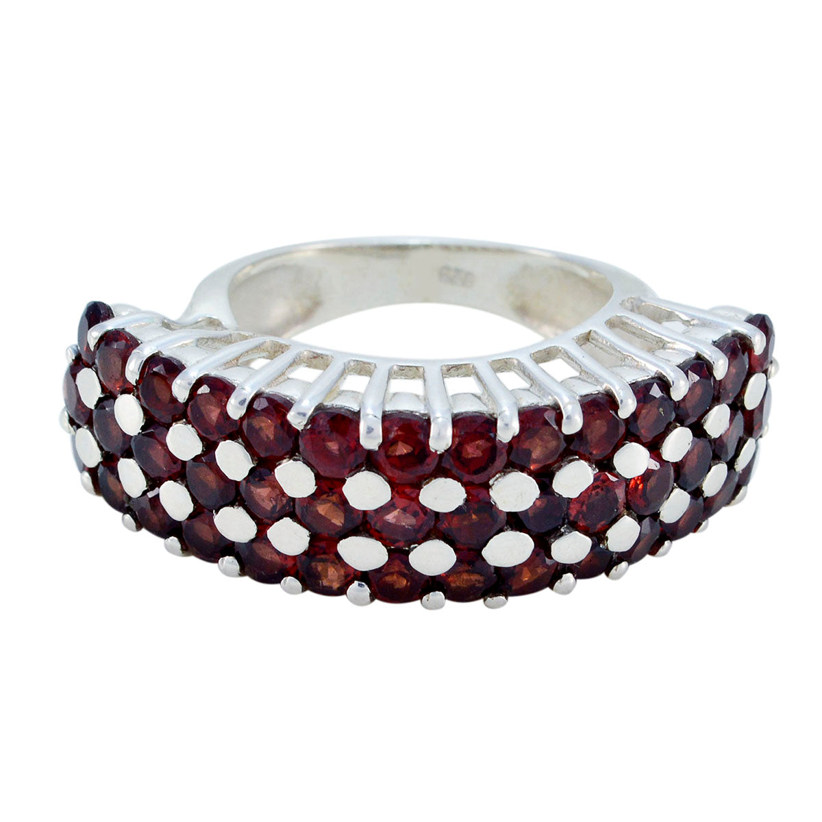 Julia Victorian red gemstone ring with multiple deep red stones set in silver band