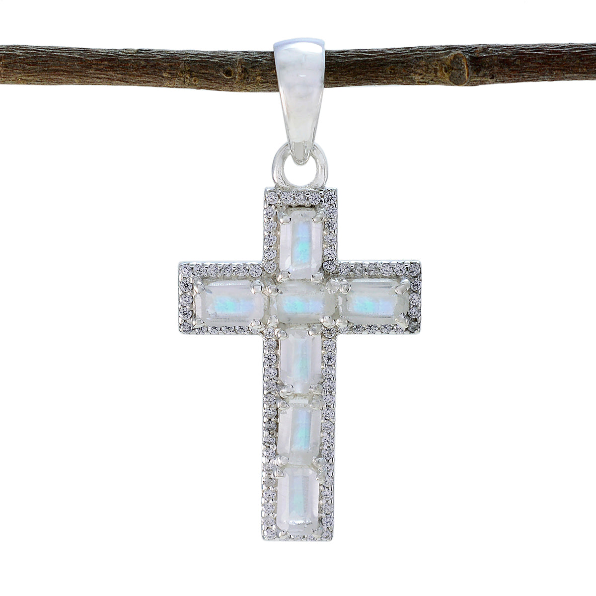 Kennedy White Eternity Pendant - Elegant Cross Design Rainbow Moonstone White White