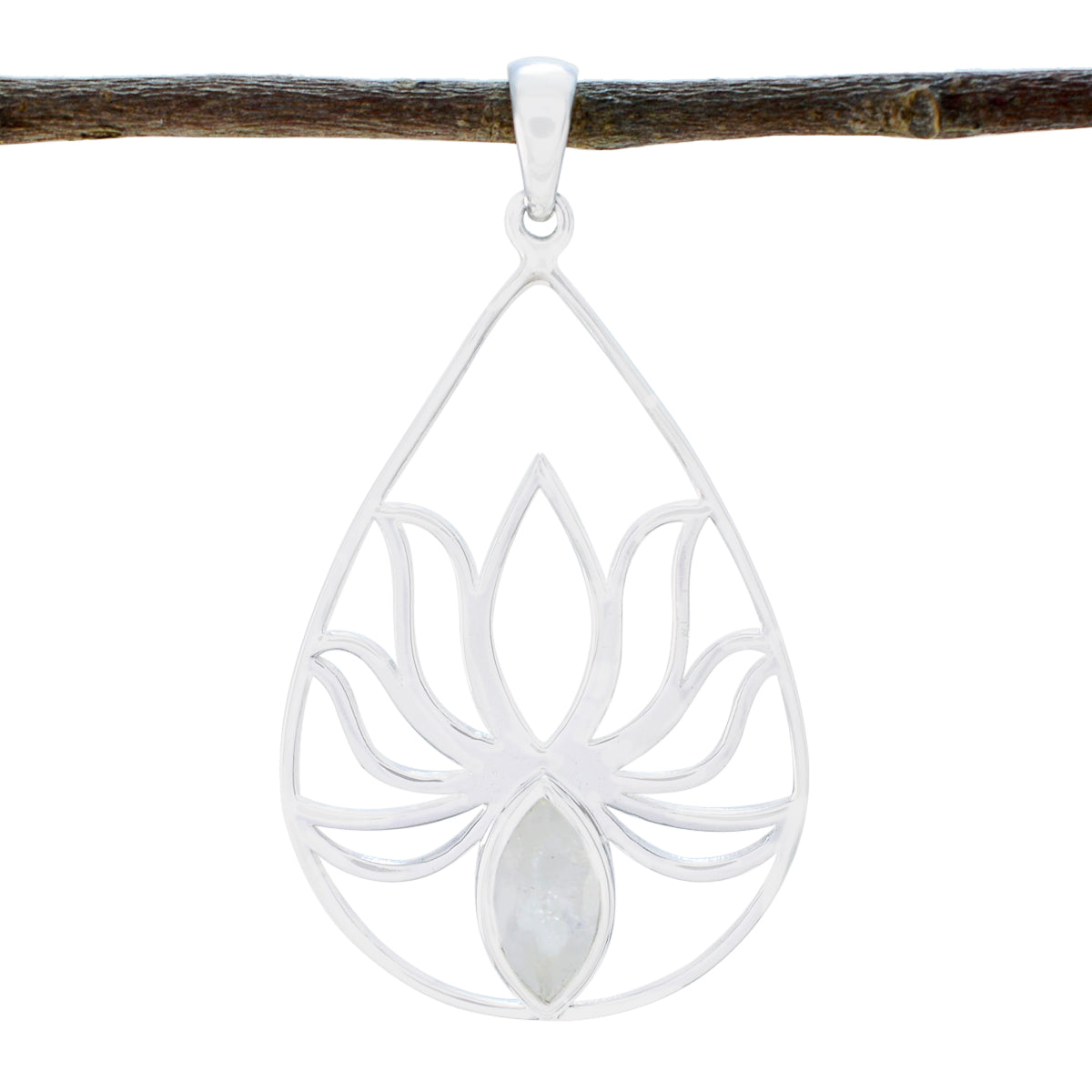 Greta White Rope Wire Pendant with Lotus Design Rainbow Moonstone White White