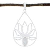 Greta White Rope Wire Pendant with Lotus Design Rainbow Moonstone White White