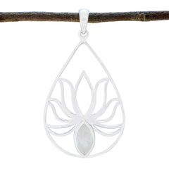 Greta White Rope Wire Pendant with Lotus Design Rainbow Moonstone White White