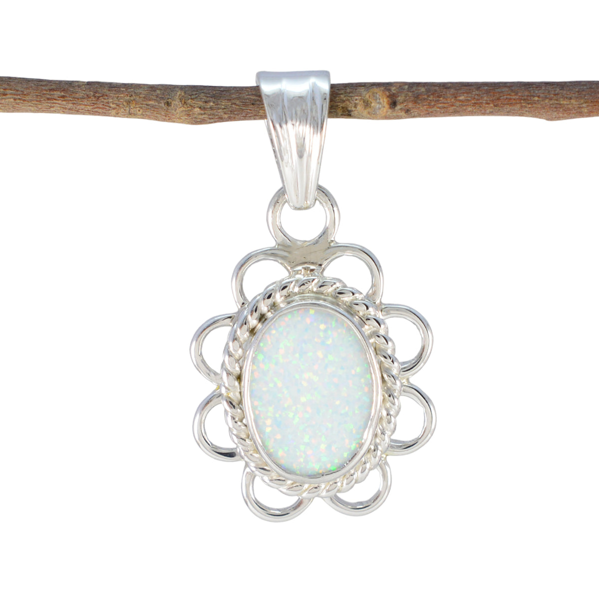 Yasmin White Rope Wire Pendant with Opal Gemstone Created Opal White White