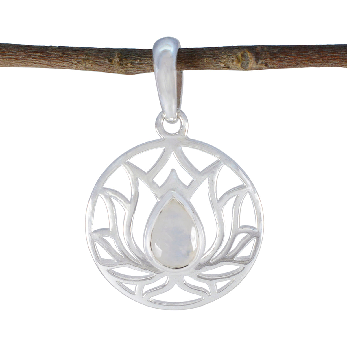 Clara White Rope-Wire Pendant with Lotus Design Rainbow Moonstone White White