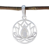 Clara White Rope-Wire Pendant with Lotus Design Rainbow Moonstone White White