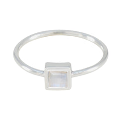 Xiu White Solitaire Ring for Women with Square Gemstone Rainbow Moonstone White