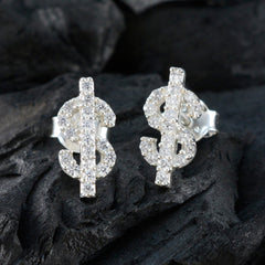Luisa White Stud Earrings with Sparkling Dollar Design