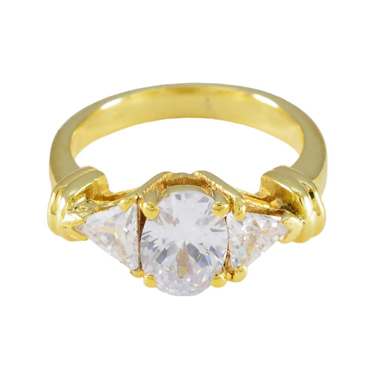 Lara gold ring with central oval and two triangle clear stones white trilogy ring for women