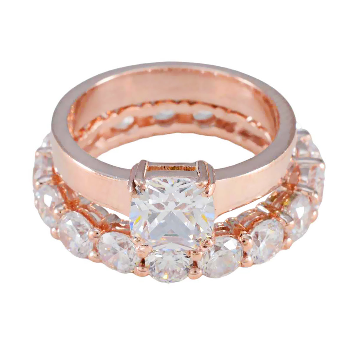 Nari rose gold white wedding ring set for women with large square and round clear stones