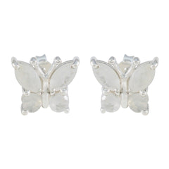 Ines White Whisper Stud Earrings - Butterfly Design Rainbow Moonstone White Stud