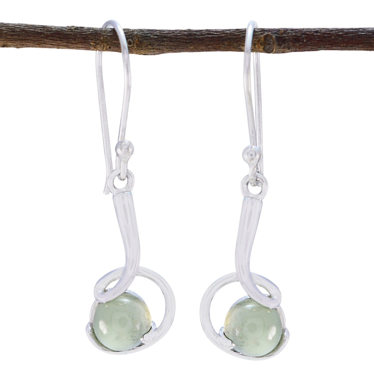 Yasmine Green Solitaire Earrings in Elegant Silver Setting Prehnite Green Dangle