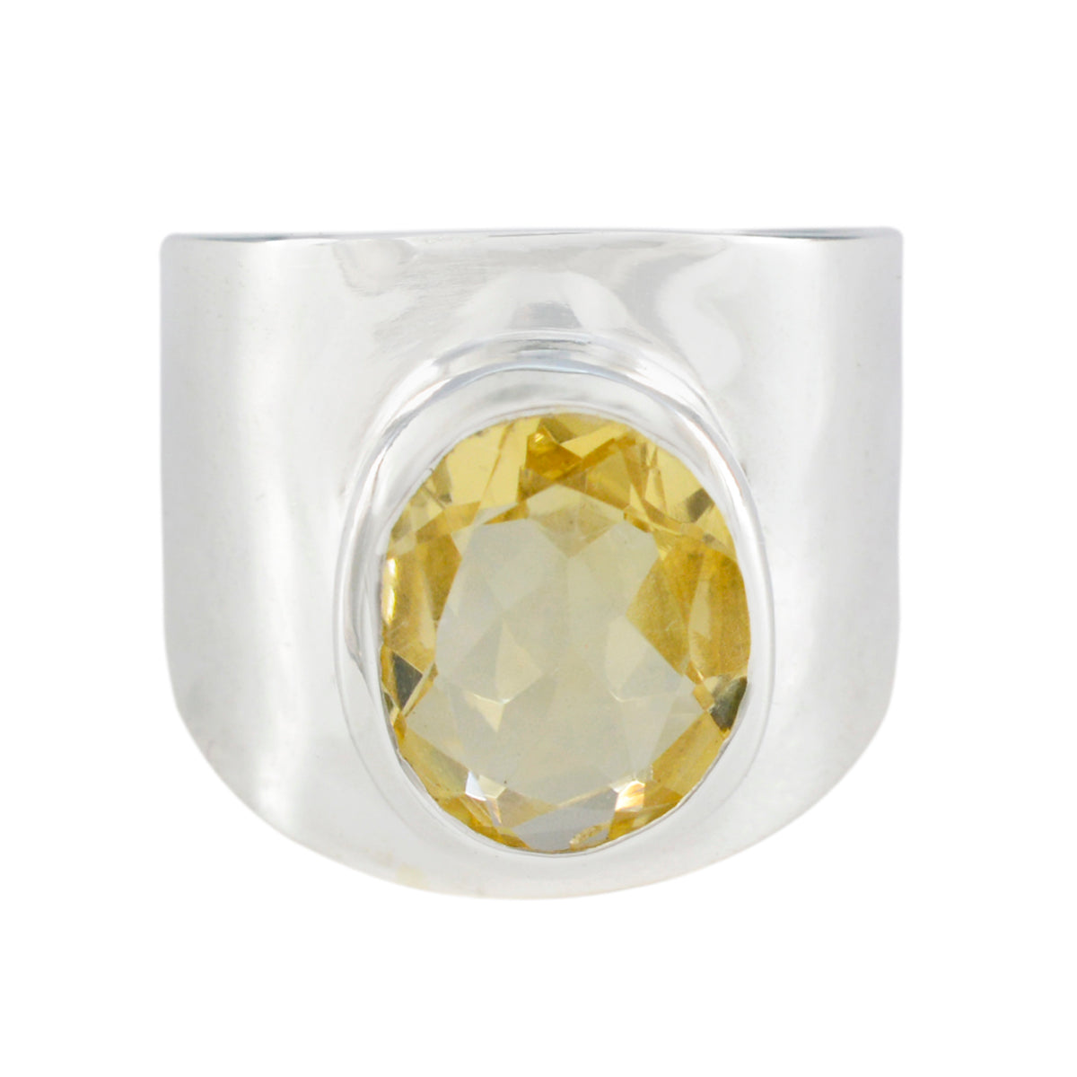 Camila yellow solitaire statement ring with wide silver band and faceted yellow gemstone