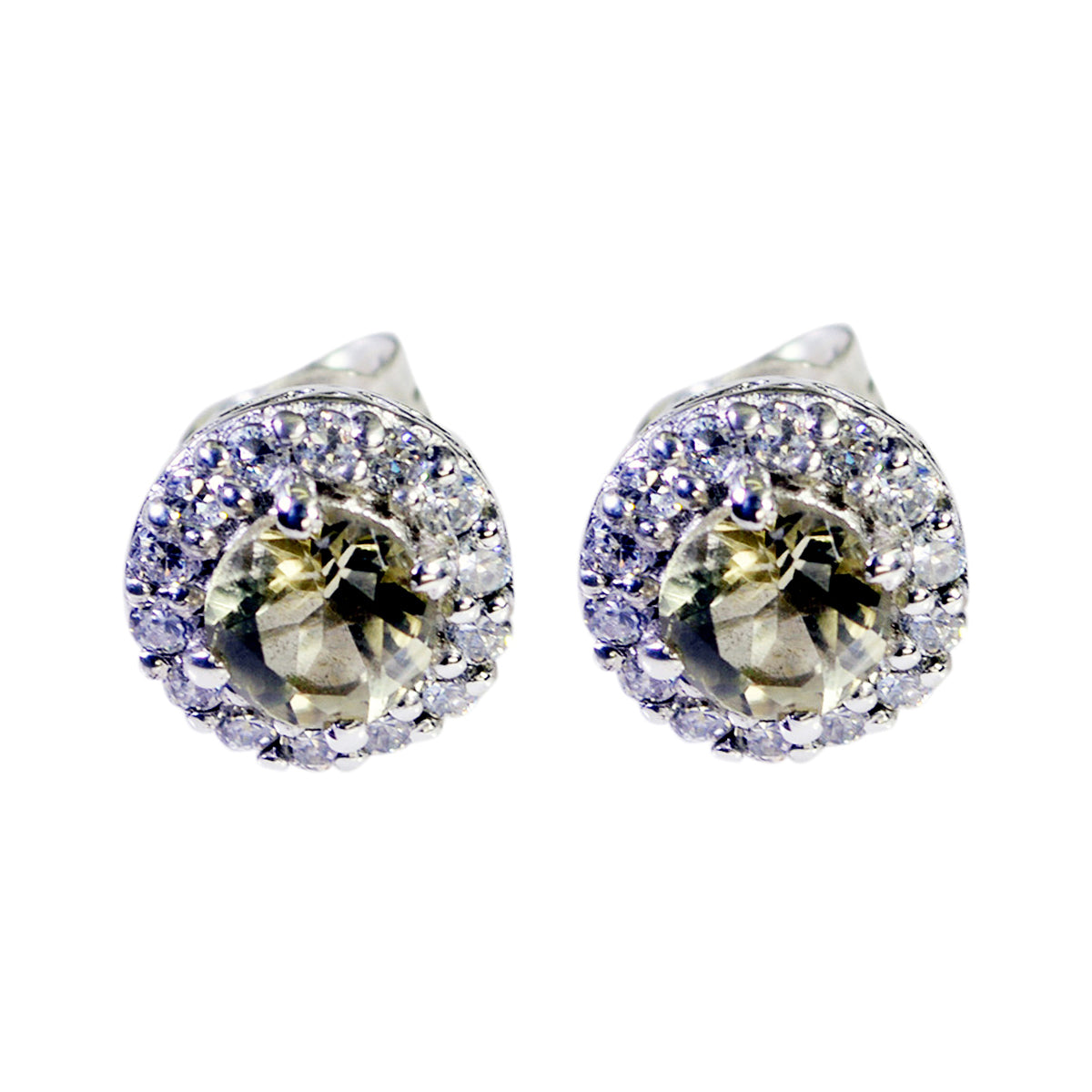 Bella Yellow Stud Earrings with Sparkling Halo Design Lemon Quartz Yellow Stud