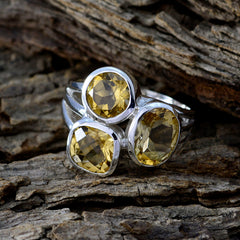 Savannah yellow trilogy gemstone ring with three faceted yellow stones set in silver band