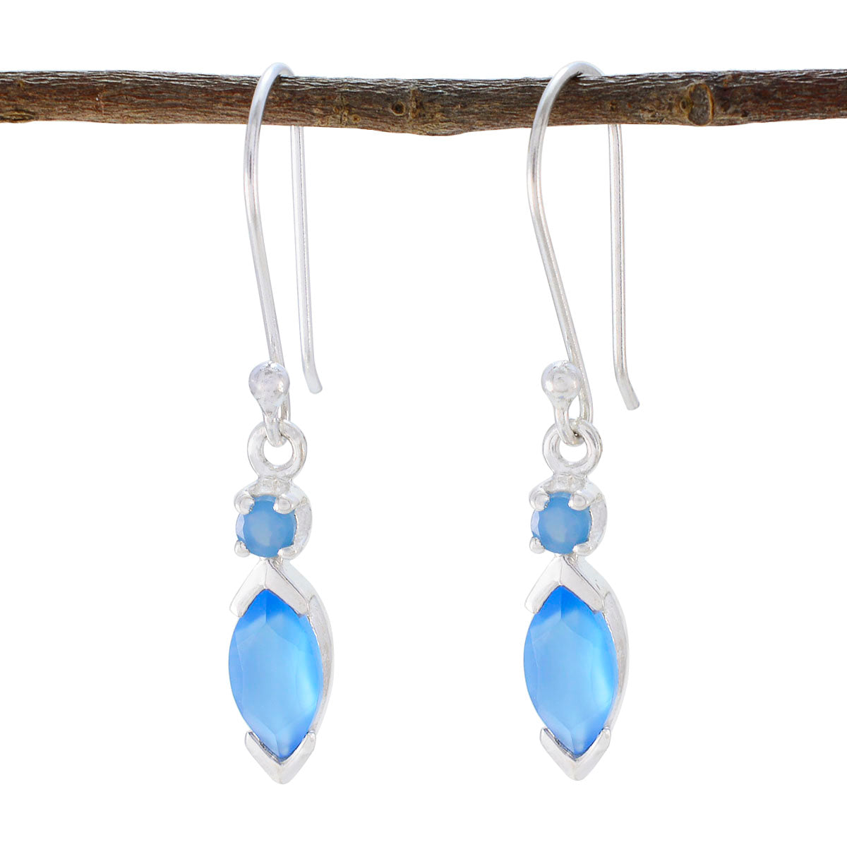 Lucia Blue Whisper thin Toi et Moi Dangle Earring Blue Chalcedony Blue Dangle