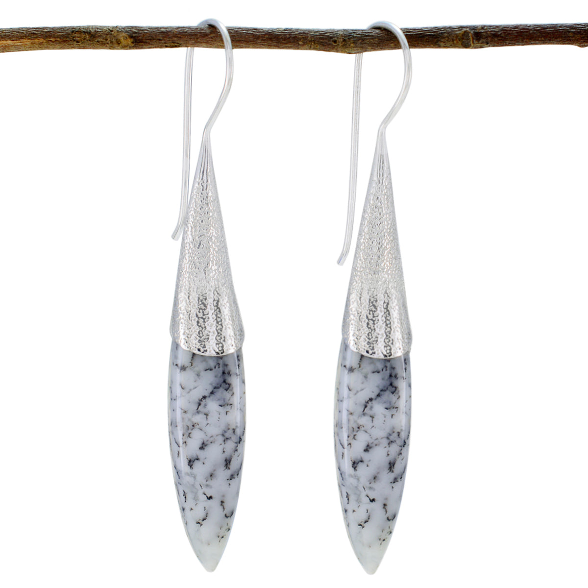 Haruka White Edgy Solitaire Dangle Earring Dendrite Opal White Dangle