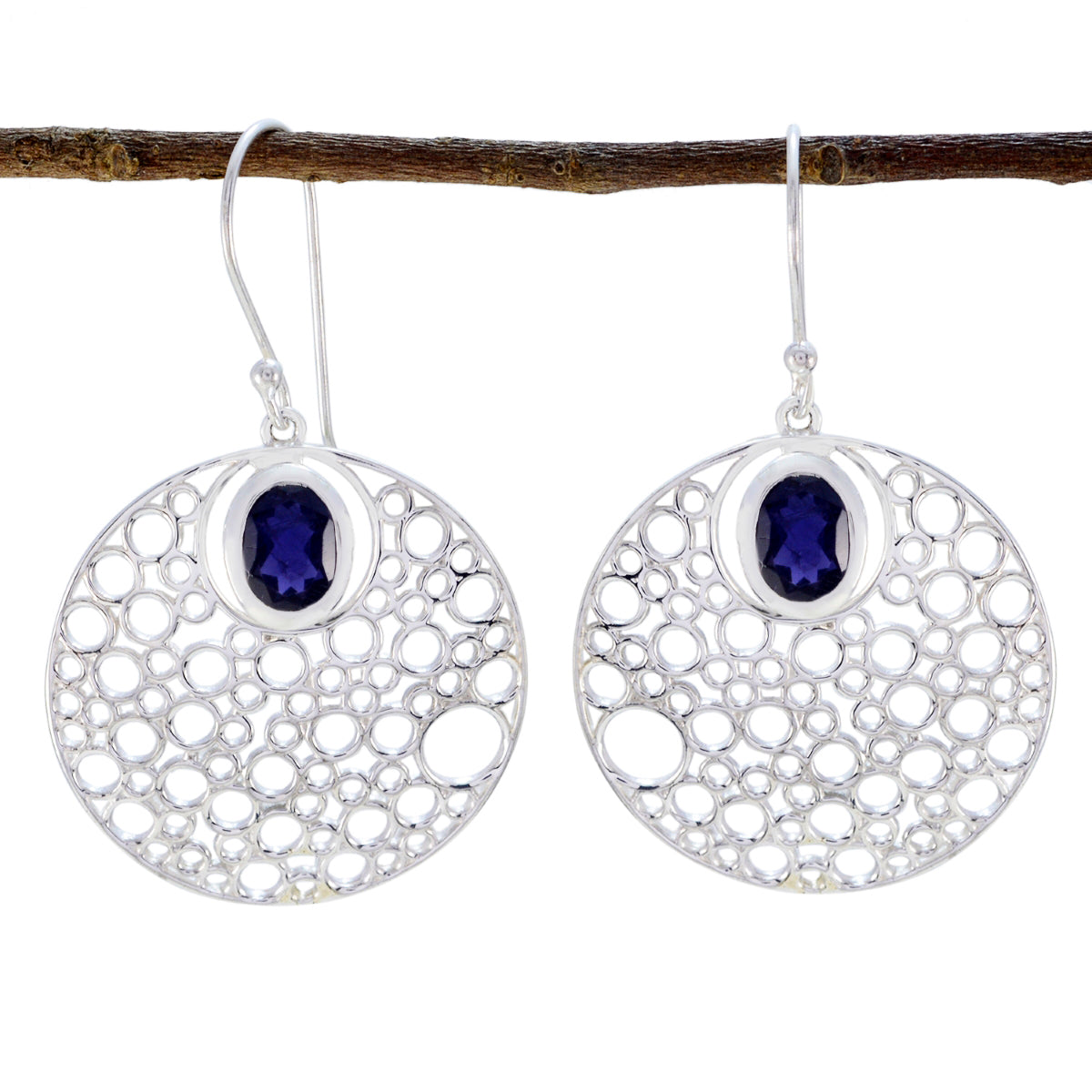 Bella Blue Edgy Solitaire Dangle Earring Iolite Blue Dangle