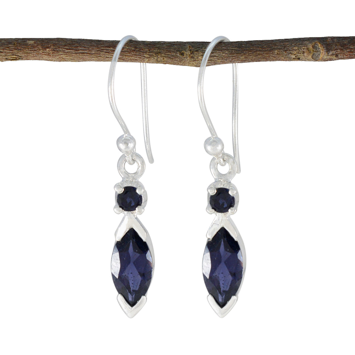 Maya Blue Whisper thin Toi et Moi Dangle Earring Iolite Blue Dangle