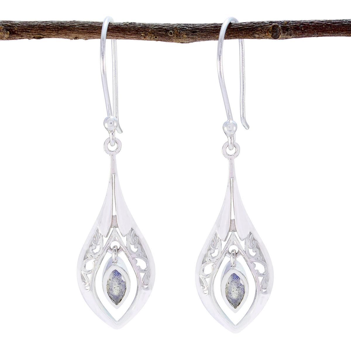 Xiu Grey Whisper thin Solitaire Dangle Earring Labradorite Gray Dangle