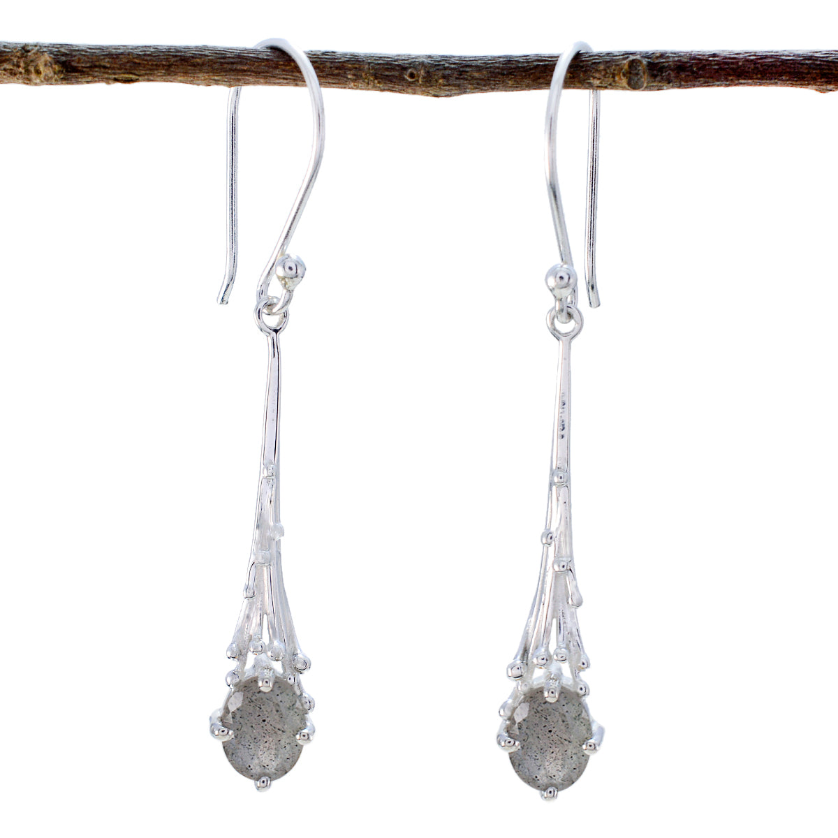 Emilia Grey Whisper thin Solitaire Dangle Earring Labradorite Gray Dangle