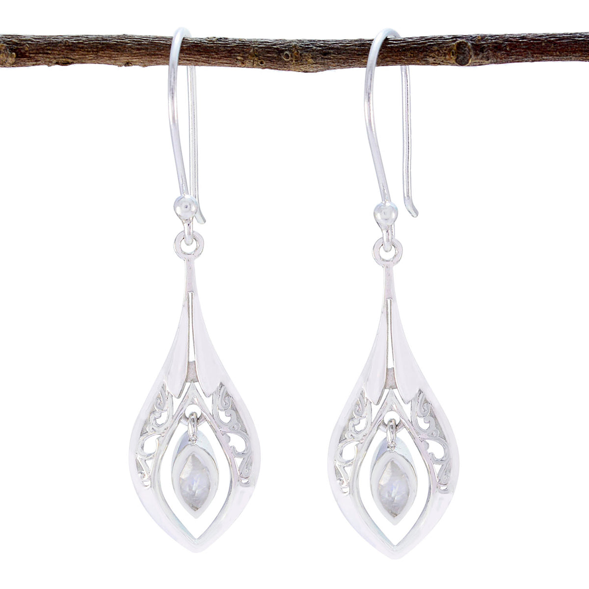 Valentina White Dainty Solitaire Dangle Earring Rainbow Moonstone White Dangle
