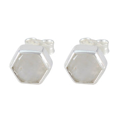 Natalie White Whisper thin Solitaire Stud Earring Rainbow Moonstone White Stud