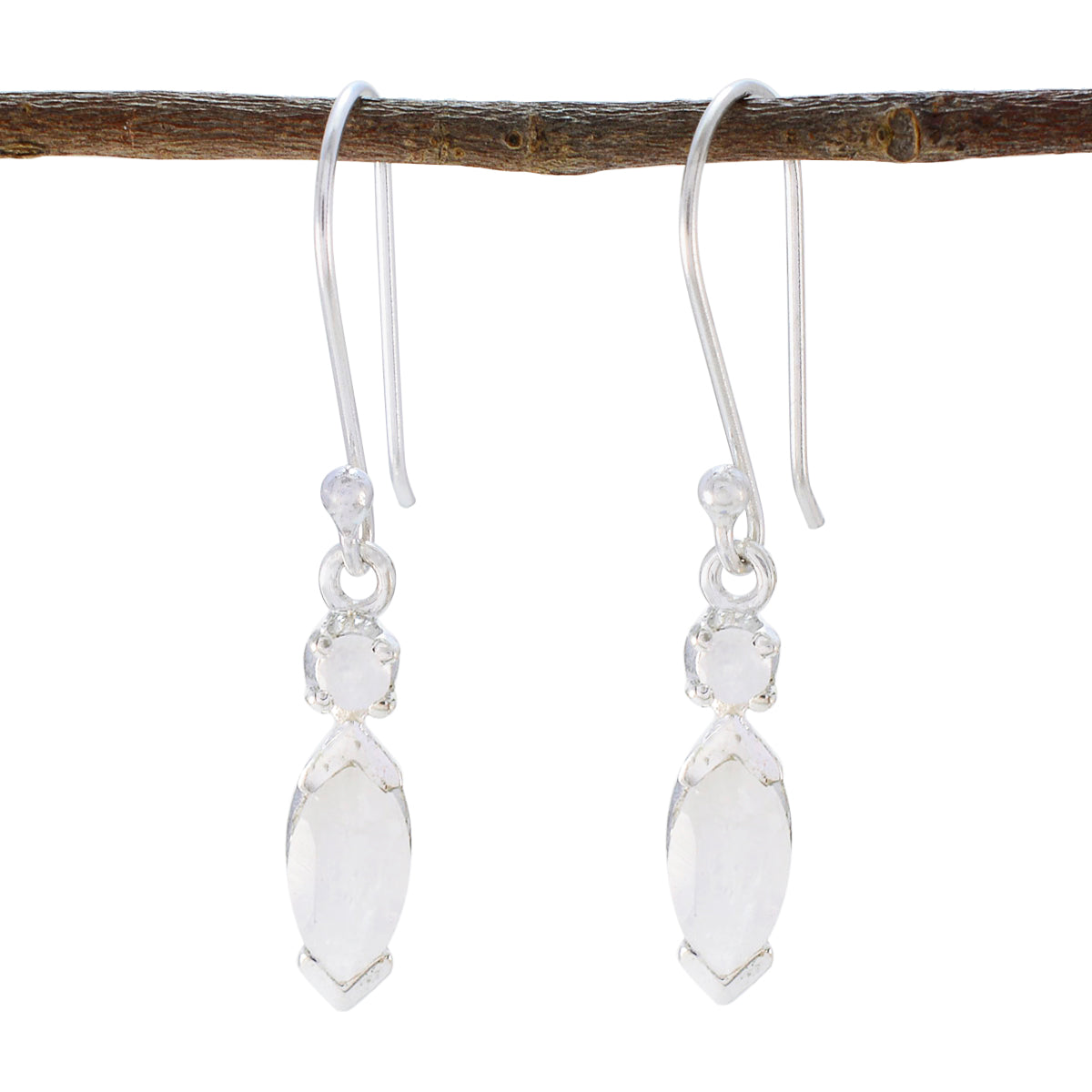 Natalie White Whisper thin Toi et Moi Dangle Earring Rainbow Moonstone White Dangle