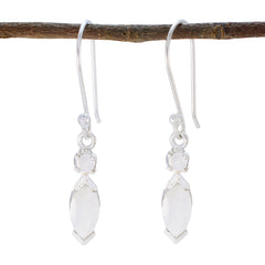 Natalie White Whisper thin Toi et Moi Dangle Earring Rainbow Moonstone White Dangle