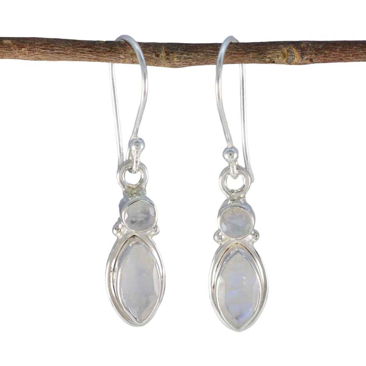 Bianca White Whisper thin Toi et Moi Dangle Earring Rainbow Moonstone White Dangle