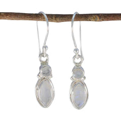 Bianca White Whisper thin Toi et Moi Dangle Earring Rainbow Moonstone White Dangle