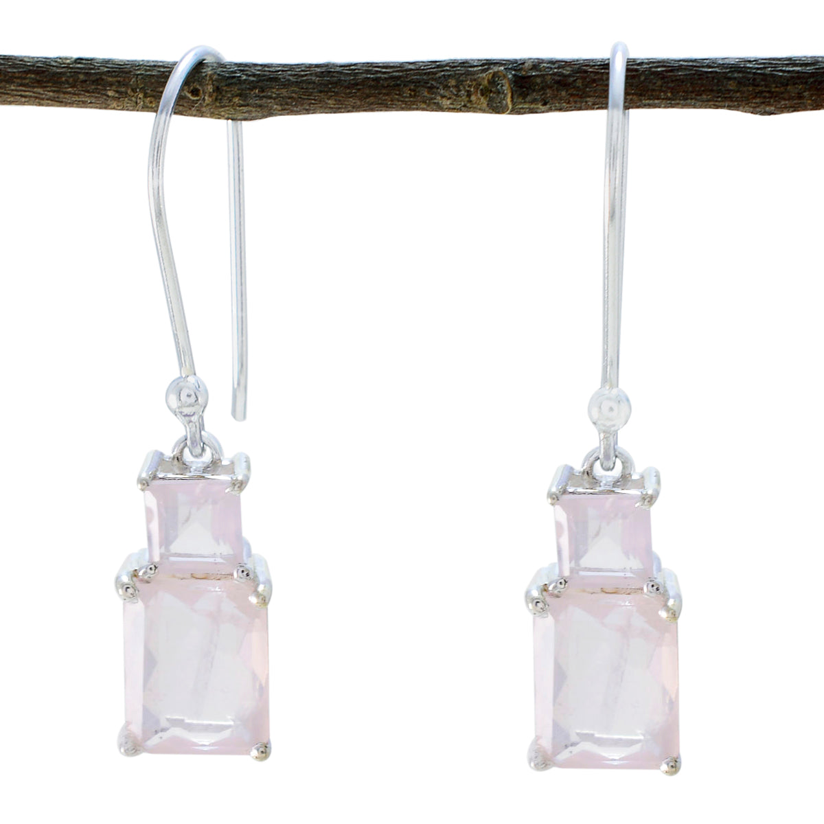 Teresa Pink Whisper thin Toi et Moi Dangle Earring Rose Quartz Pink Dangle