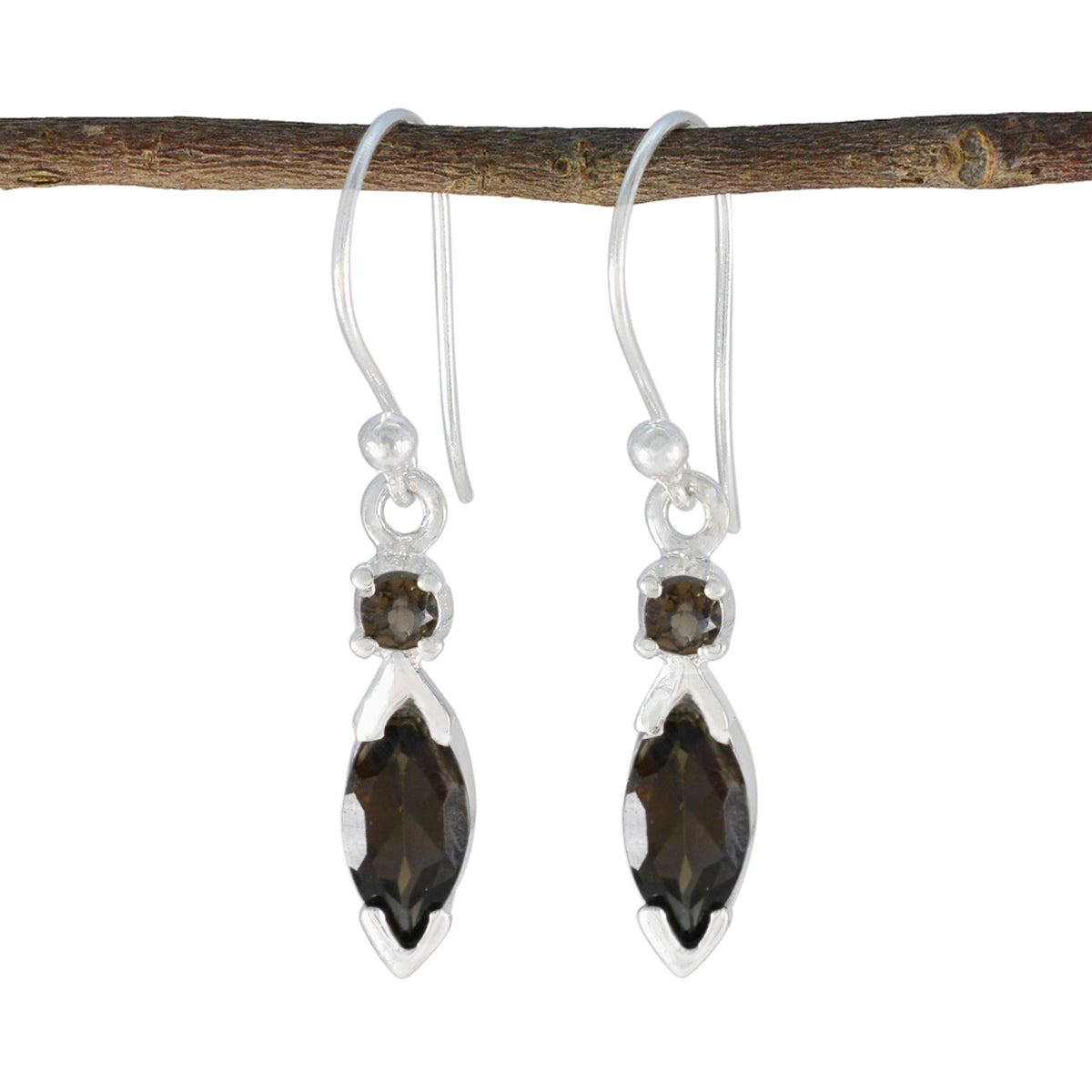 Nella Brown Whisper thin Toi et Moi Dangle Earring Smoky Quartz Brown Dangle