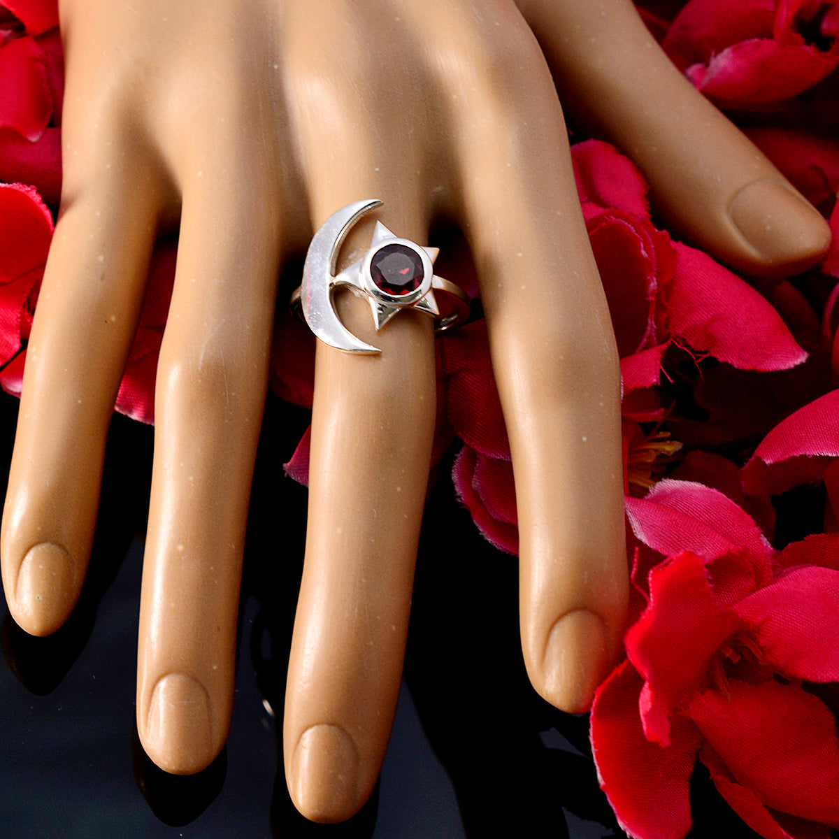 Kristine Moon & Star Red Solitaire Ring
