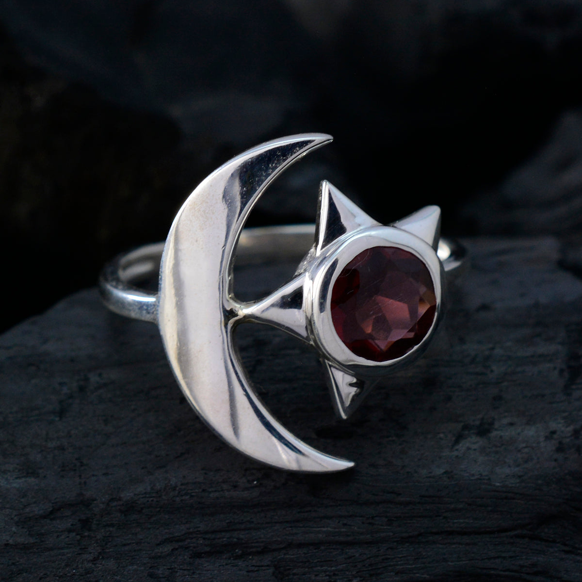 Kristine Moon & Star Red Solitaire Ring