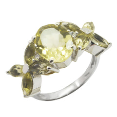 Sara Floral Yellow Navratna Ring Lemon Quartz Yellow