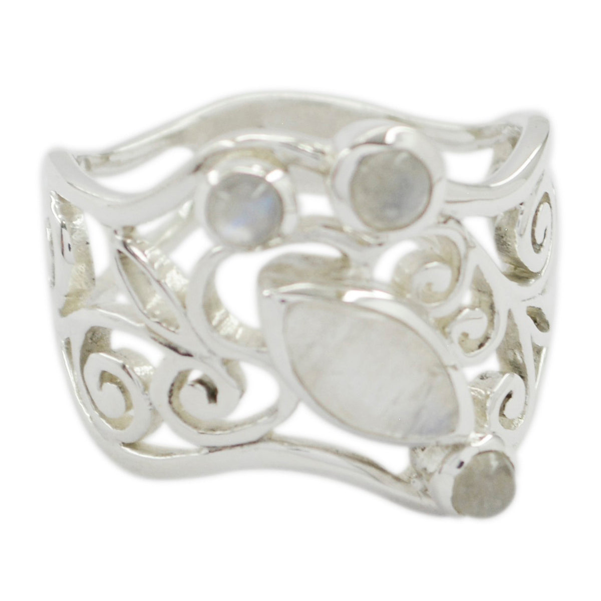Aaliyah Filigree White quarter Ring Rainbow Moonstone White