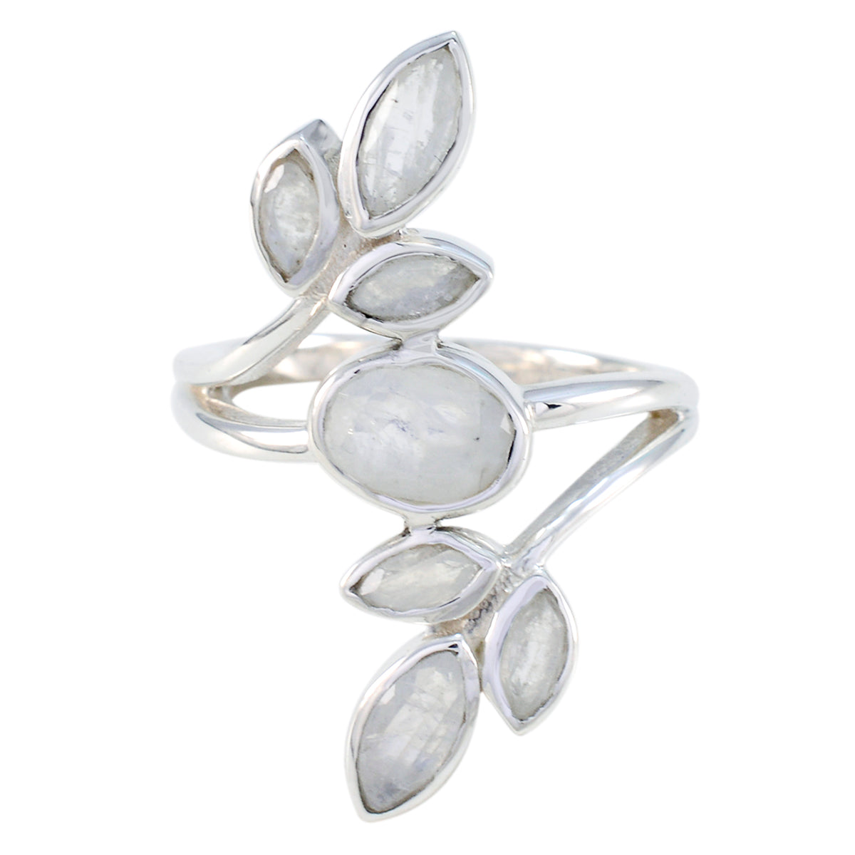Victoria Leafy White Hepta Ring Rainbow Moonstone White