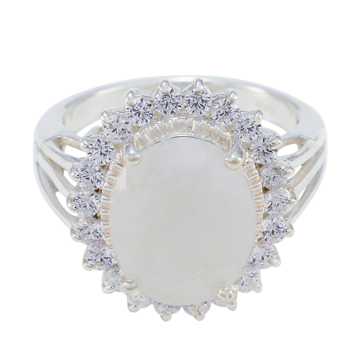 Skylar Signet White Halo Ring Rainbow Moonstone White