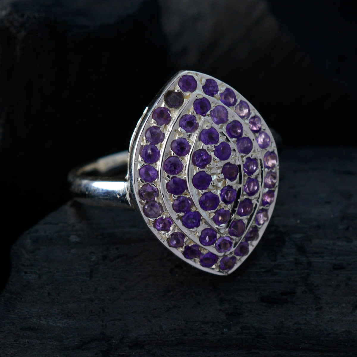 Priya silver marquise cocktail ring with concentric pave of small purple stones abstract purple gemstone ring